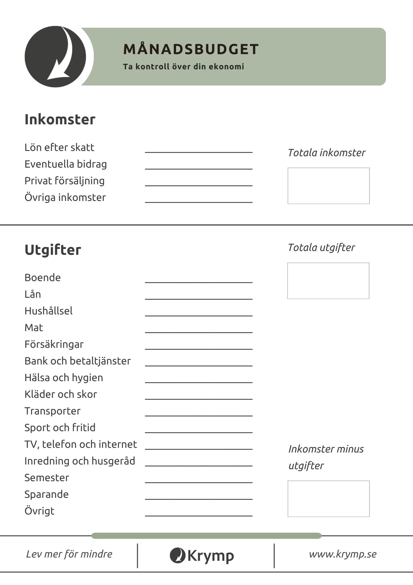 Mall för månadsbudget